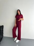 Osy Modal Yumuşak Dokulu Kumaş Kısa Kollu Yakalı T-shirt Pantalon Ikili Takım- Bordo resmi